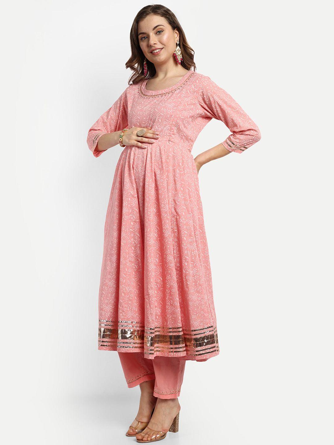 mumzhug women peach-coloured ethnic motifs printed empire gotta patti pure cotton kurta with trousers & with