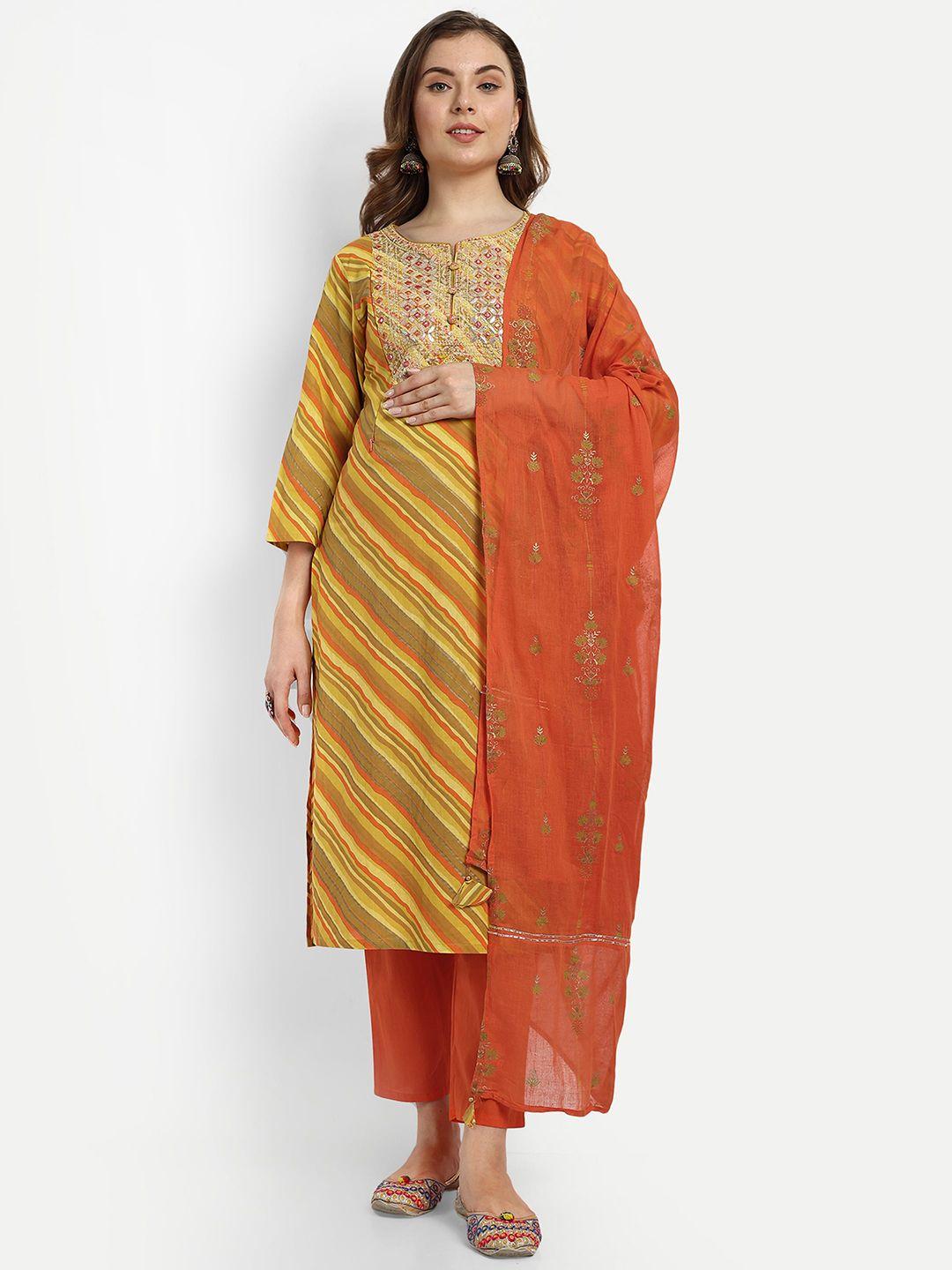 mumzhug women yellow leheriya printed regular gotta patti pure cotton kurta with trousers & with dupatta