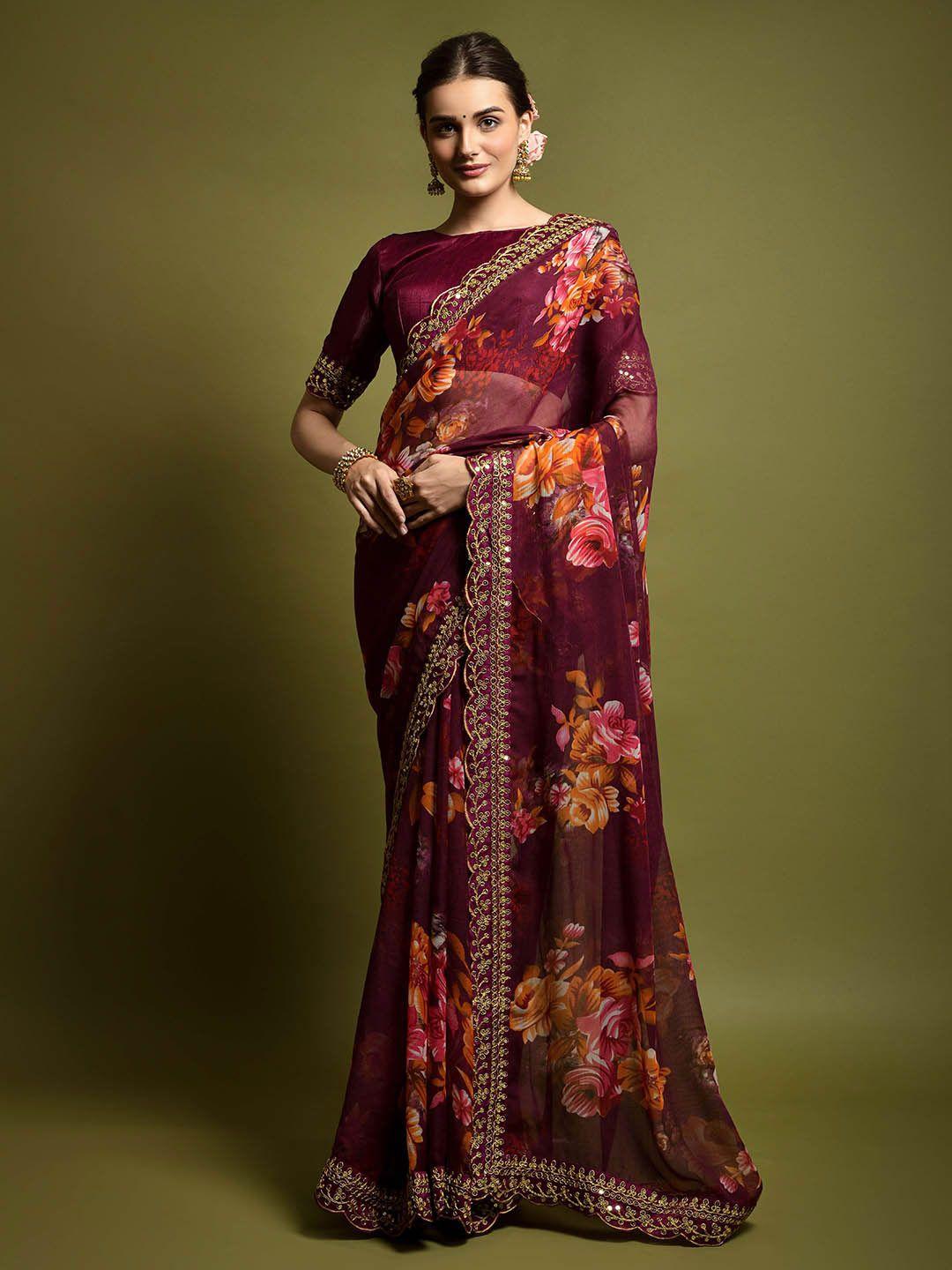 munir floral printed sequinned saree