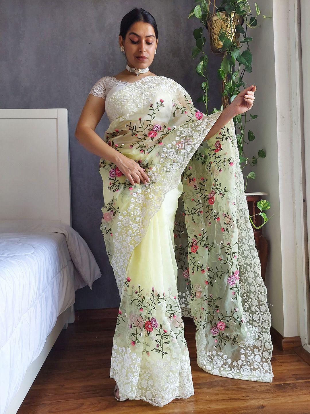 munir floral embroidered organza heavy work saree