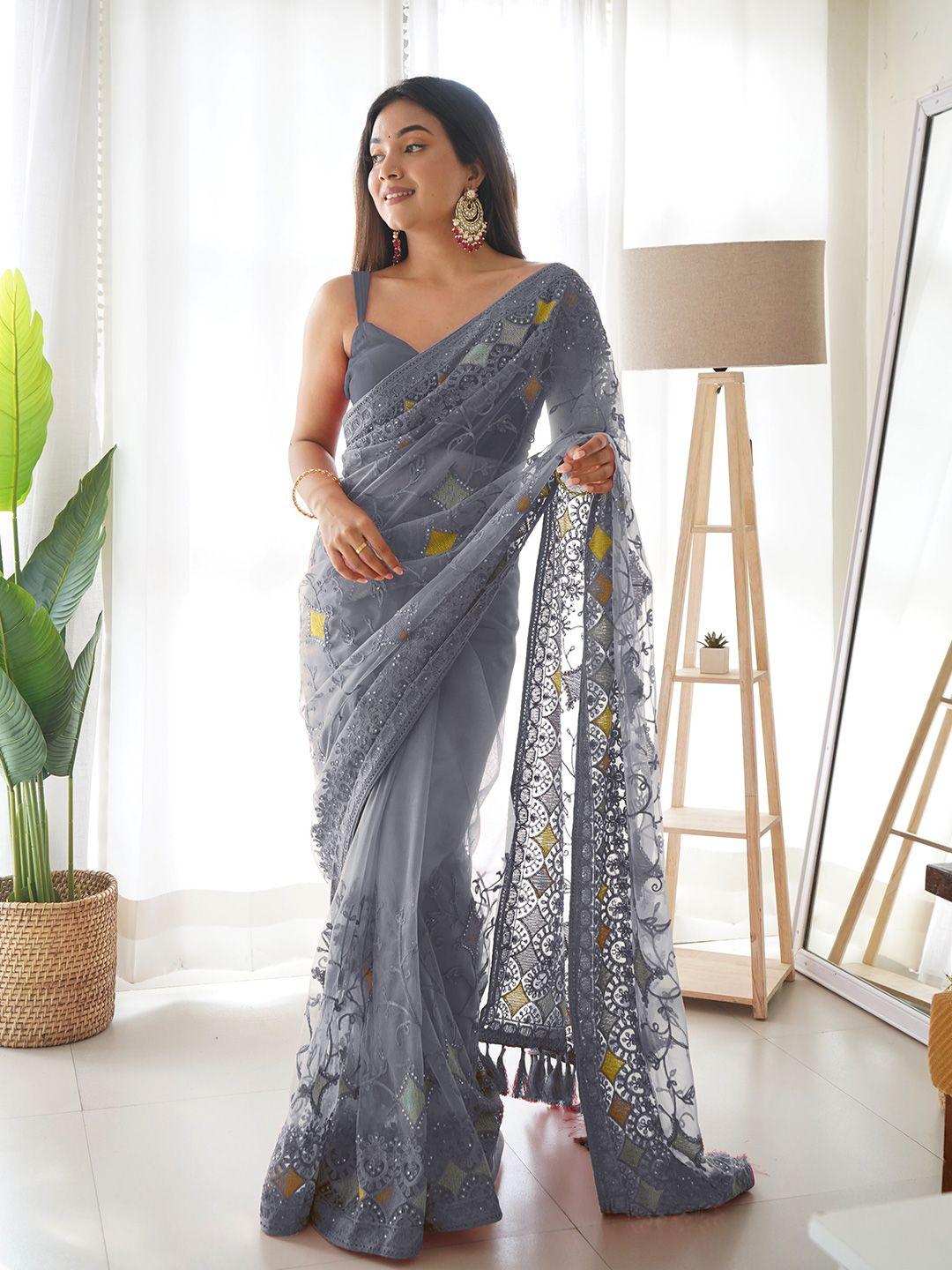 munir grey & green ethnic motifs embroidered net saree