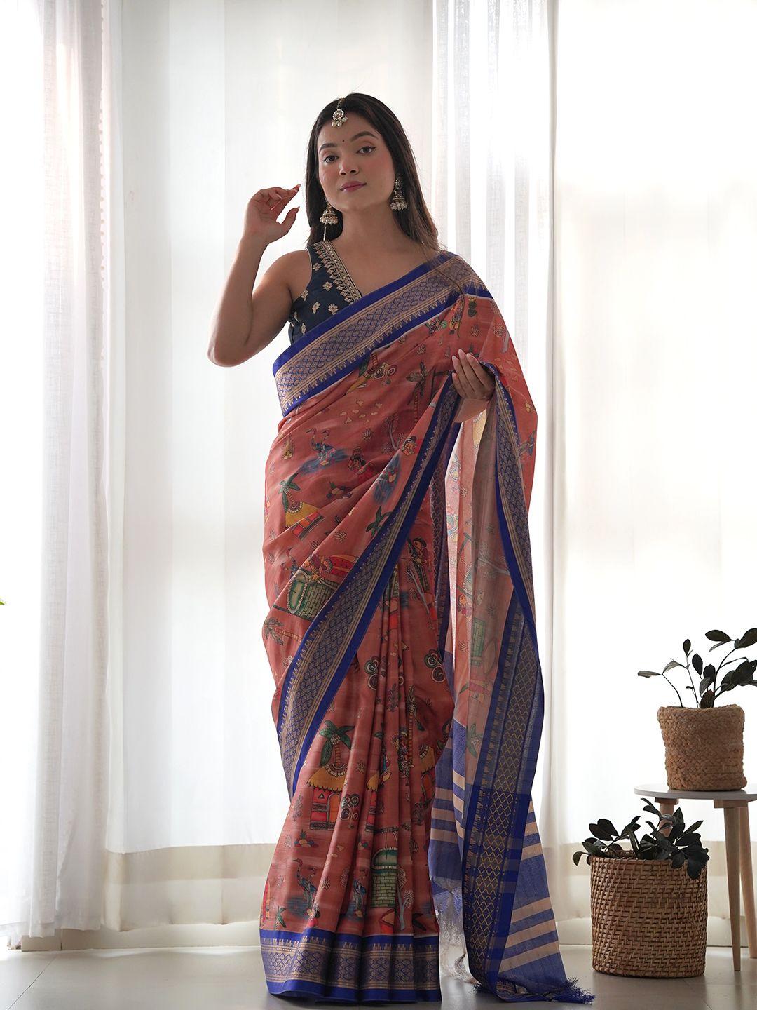 munir kalamkari zari silk blend ikat saree