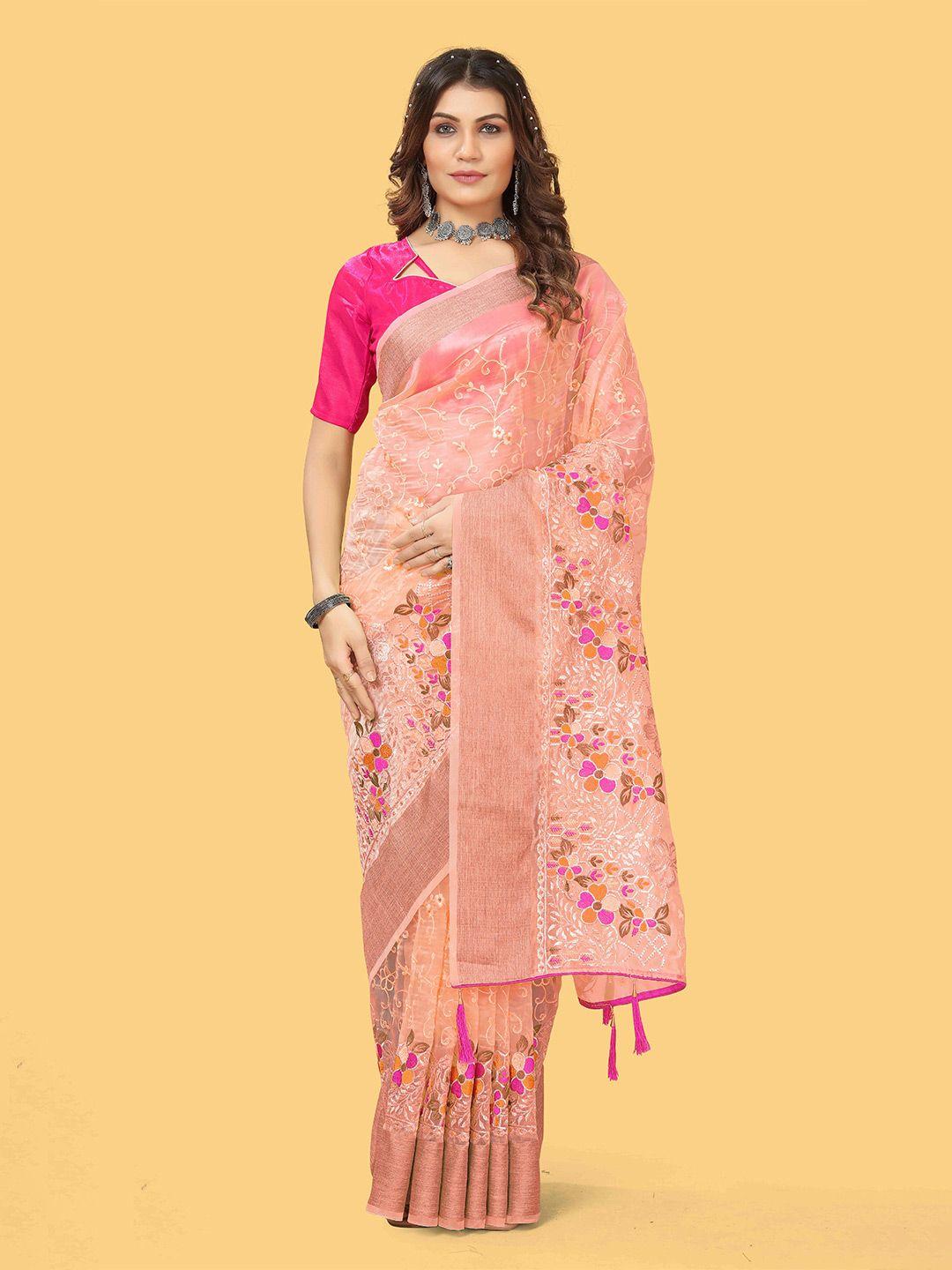 munir orange & pink ethnic motifs embroidered organza saree