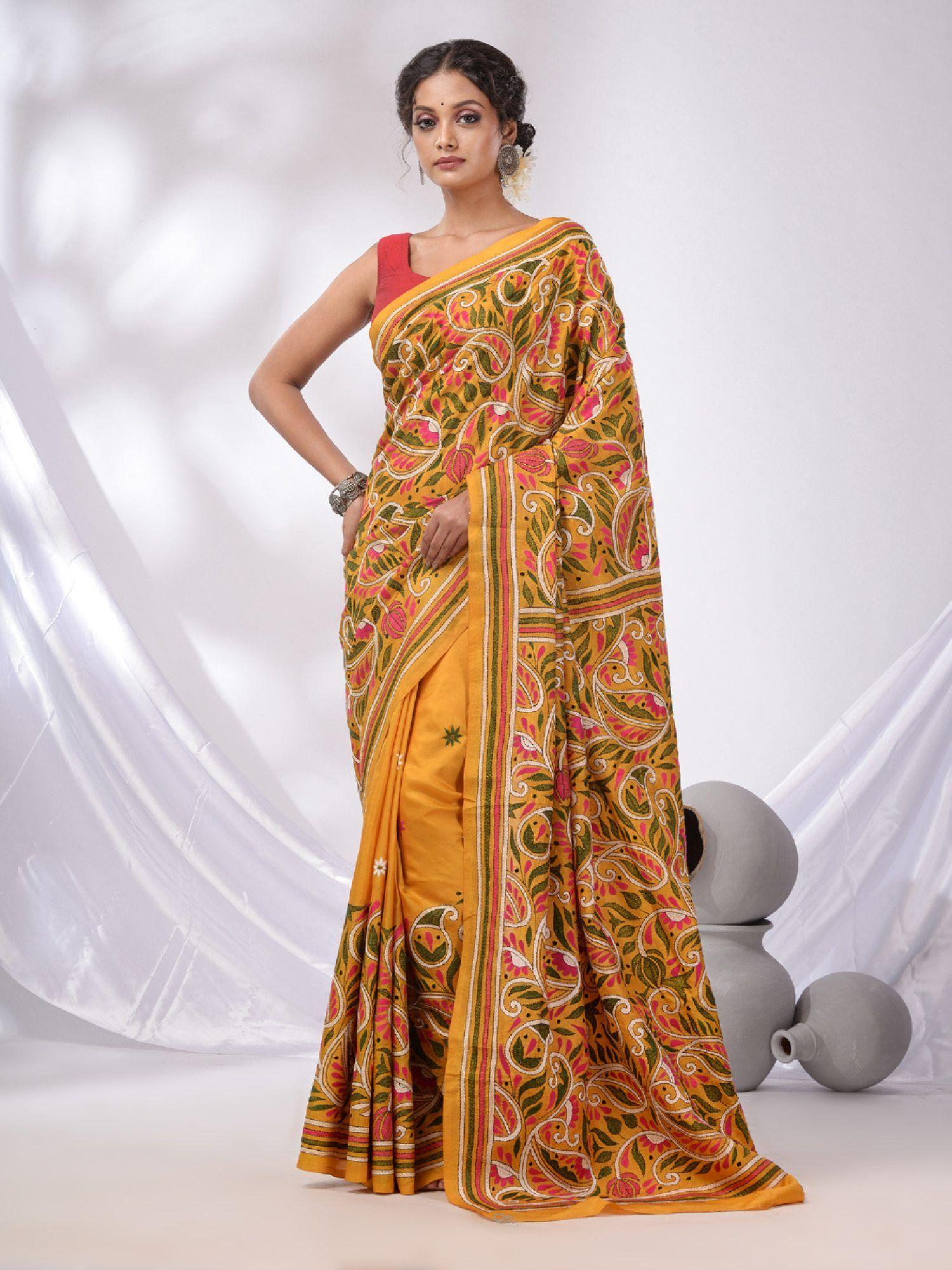 munsell mustard bangalore silk kantha stitch handwoven saree with unstitched blouse