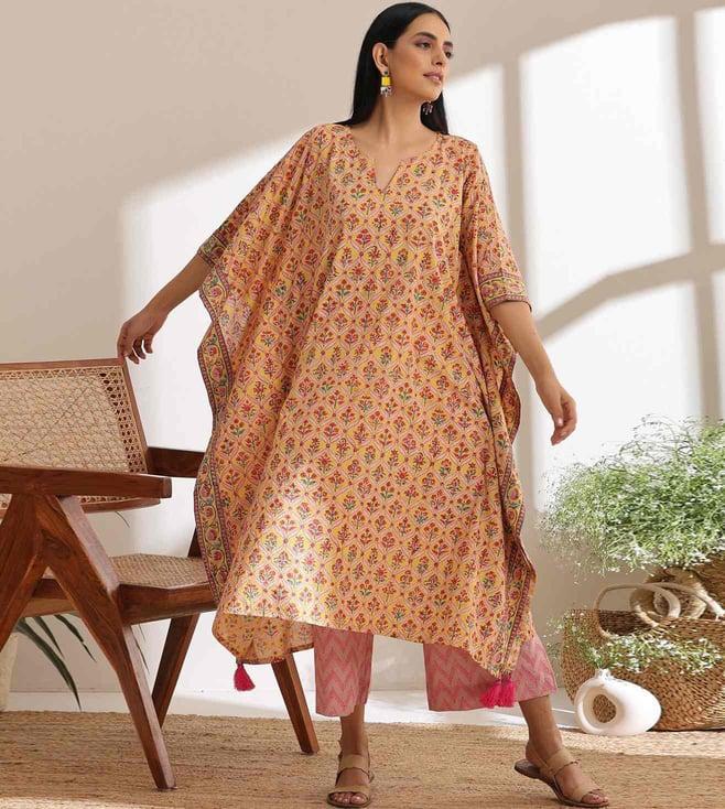 murraya yellow & red geometric kaftan kurta with palazzo