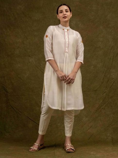 mushio off white hand embroidered chanderi silk kurta with slip and cotton pants