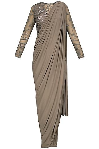 mushroom grey pre-stitched saree set