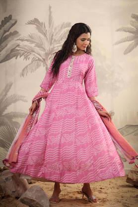 muslin silk bandhani print anarkali gown with muslin silk printed dupatta - pink