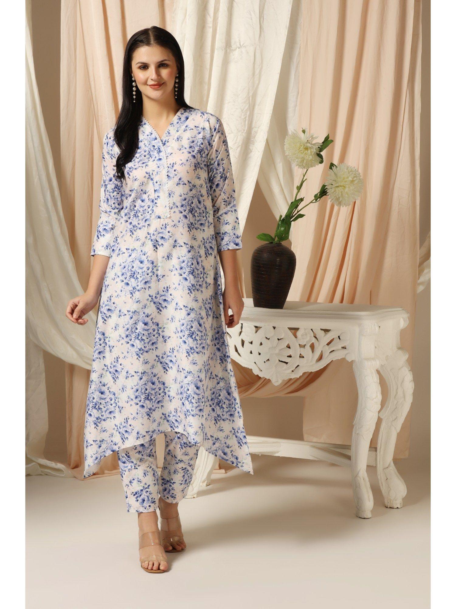 muslin white blue floral print kurta & pant (set of 2)