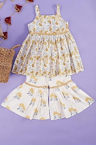 mustard & white printed sharara set for girls