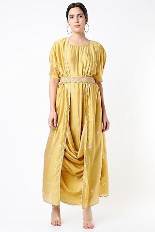 mustard bandhani gown with cardigan