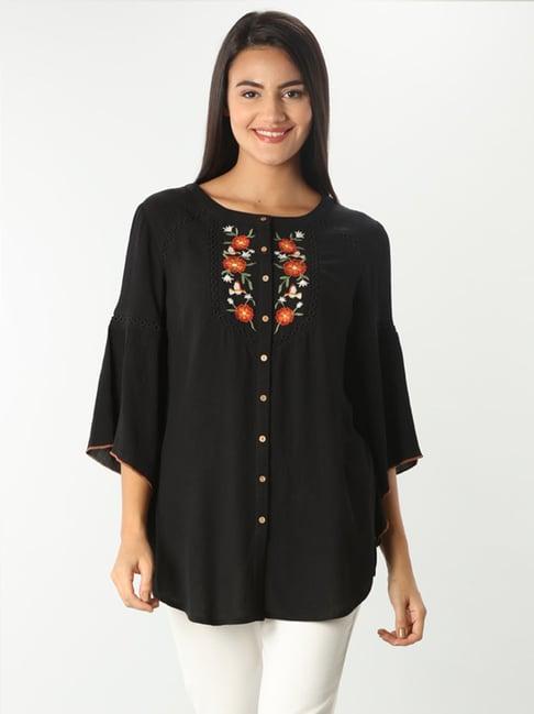 mustard black embroidered top