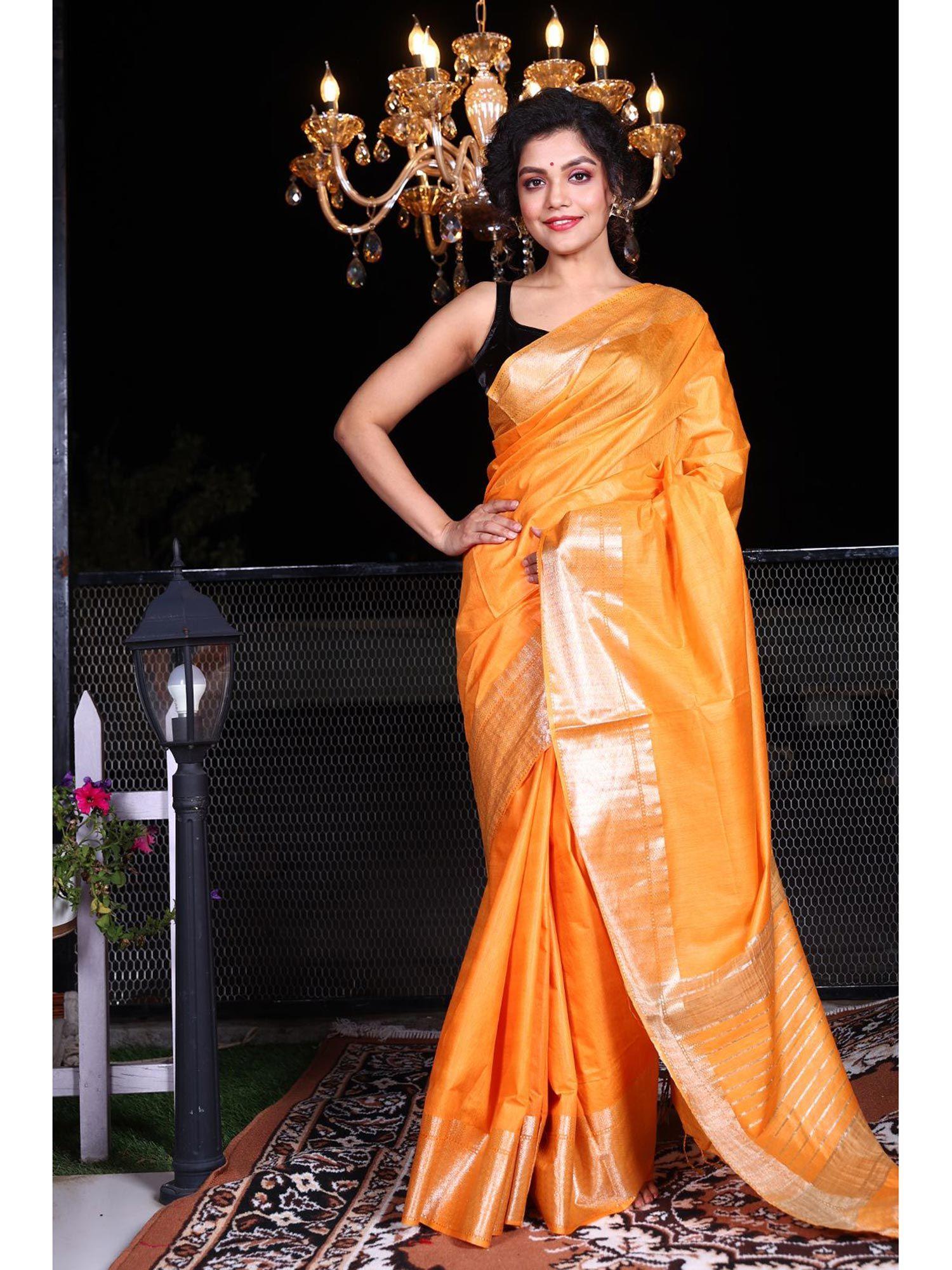 mustard blended cotton saree with unstitched blouse