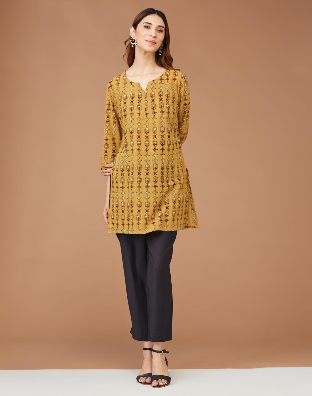 mustard cotton dabu printed slim fit short kurta