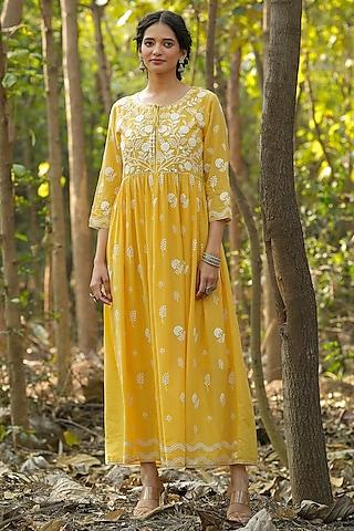 mustard cotton mulmul chikankari embroidered dress