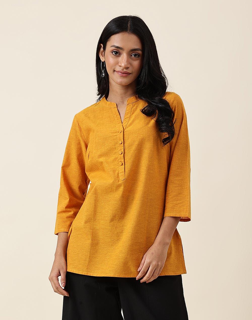 mustard cotton slim fit short kurta