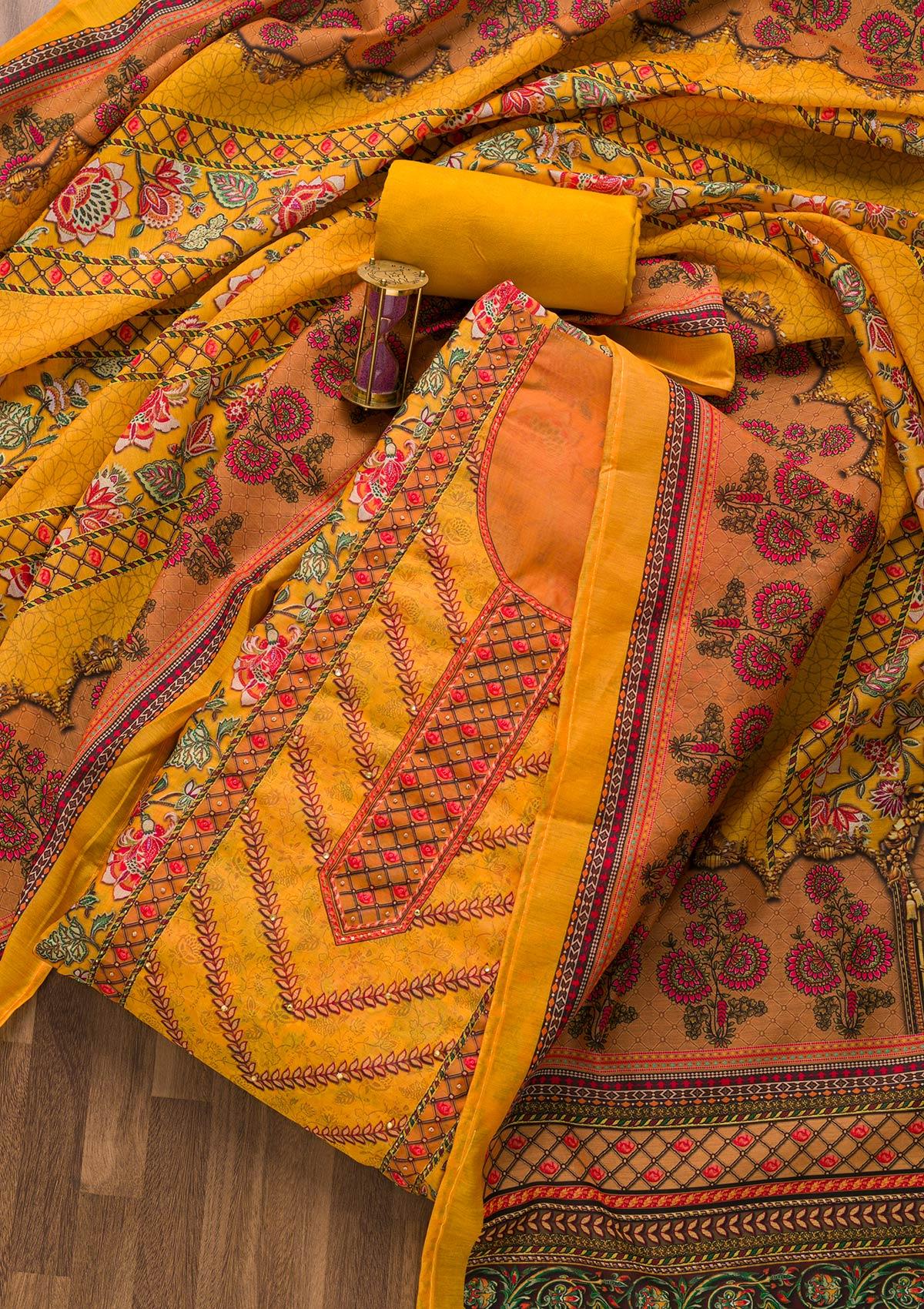 mustard cutdana art silk unstitched salwar suit