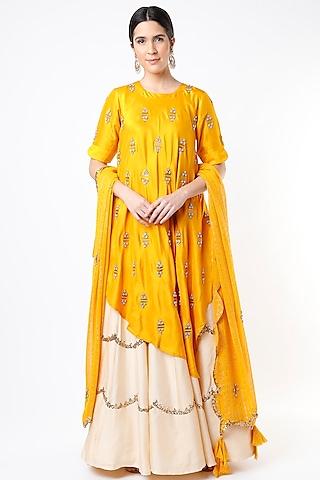 mustard embroidered asymmetrical tunic set