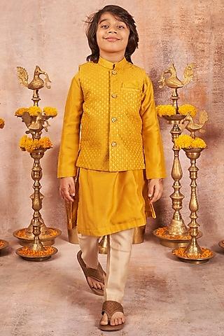 mustard embroidered bundi jacket with kurta set for boys
