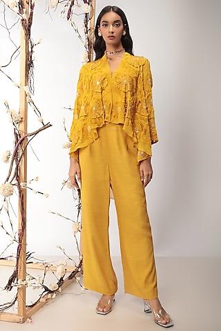 mustard embroidered cape set