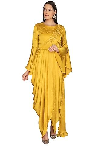 mustard embroidered drape dress with churidar pants