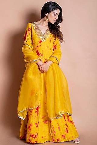 mustard embroidered gown with dupatta