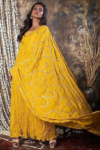 mustard embroidered gown with dupatta