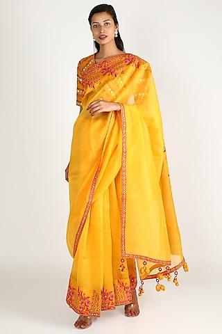 mustard embroidered saree set