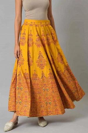 mustard flared skirt with multicoloured floral print