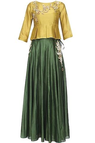 mustard floral embroidered peplum top and green skirt set
