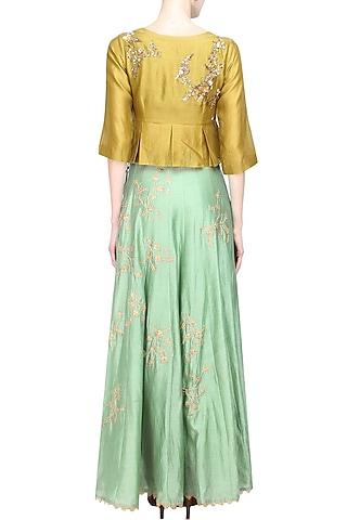 mustard floral embroidered peplum top and mint green skirt set