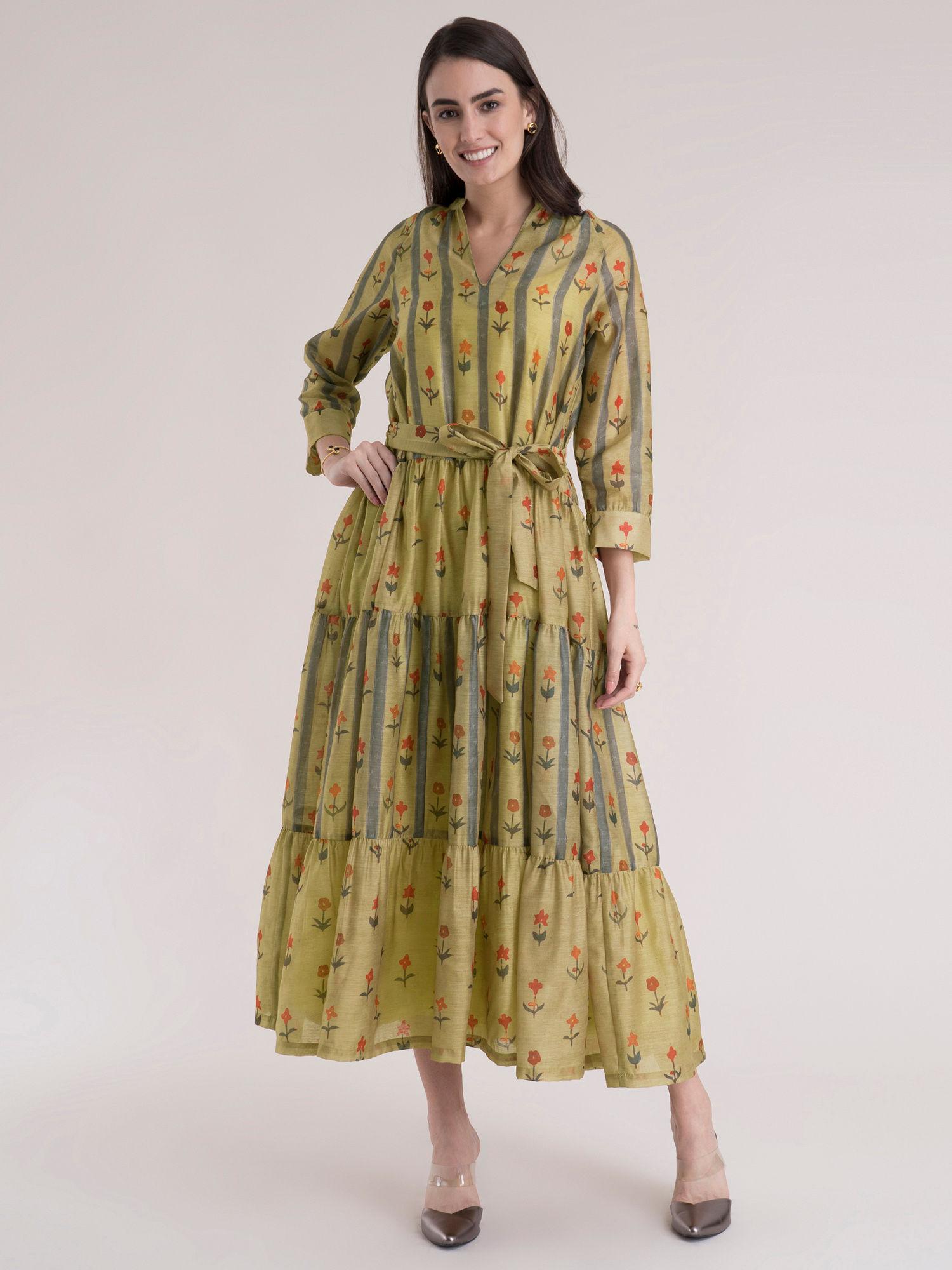 mustard floral print tier dress