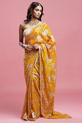 mustard georgette & recycled polyester barfi saree set