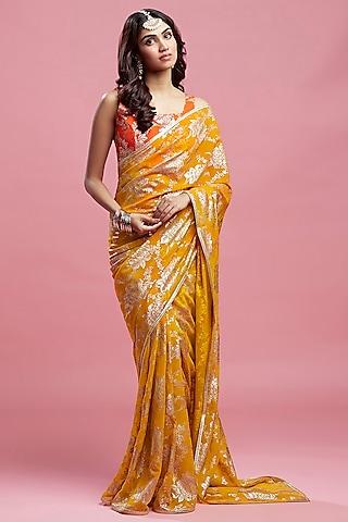 mustard georgette & recycled polyester barfi saree set