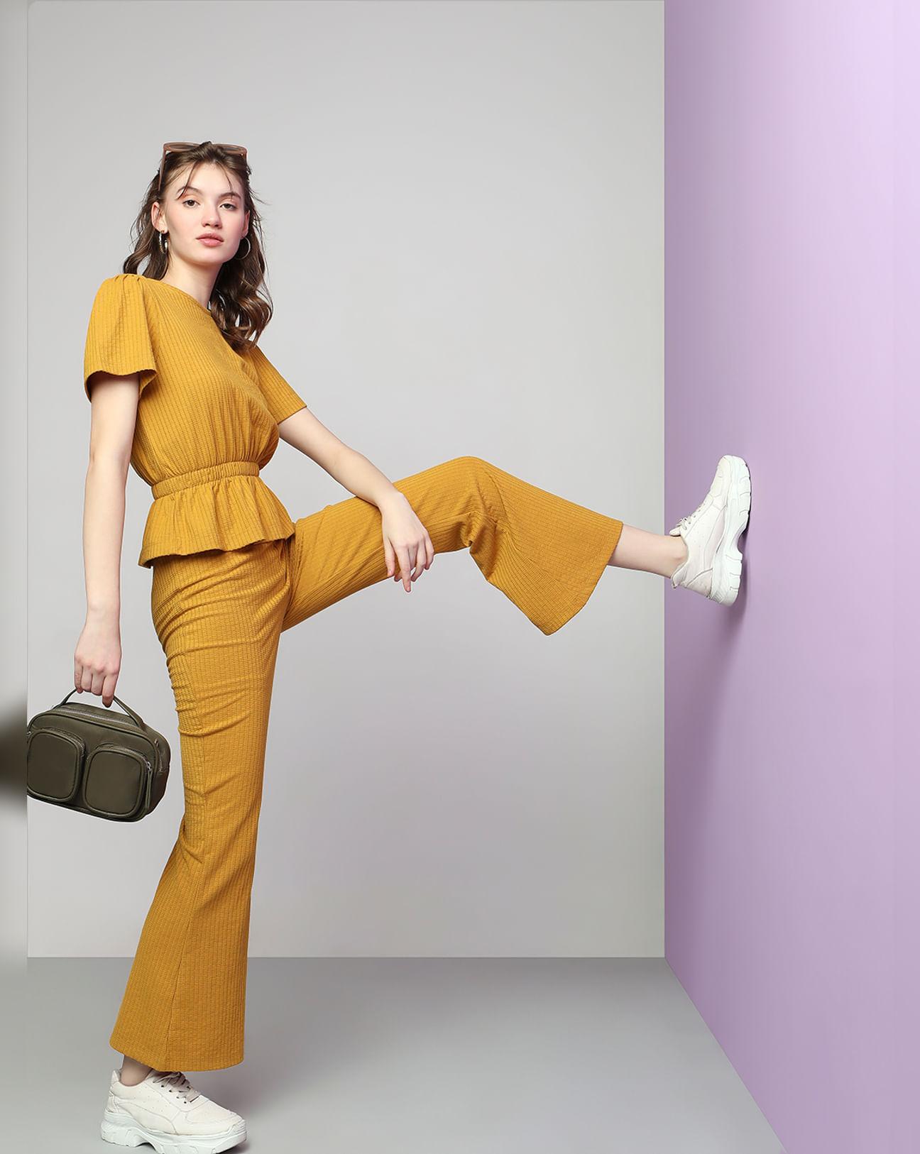 mustard high rise ribbed co-ord pants
