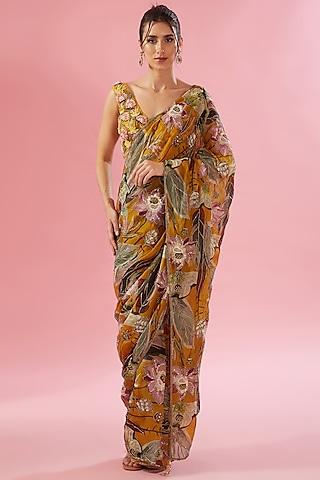 mustard organza digital printed & sequins embroidered stitched saree set