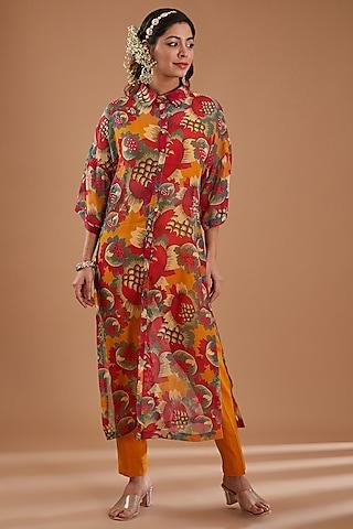 mustard organza floral printed & sequins embroidered shirt style tunic set