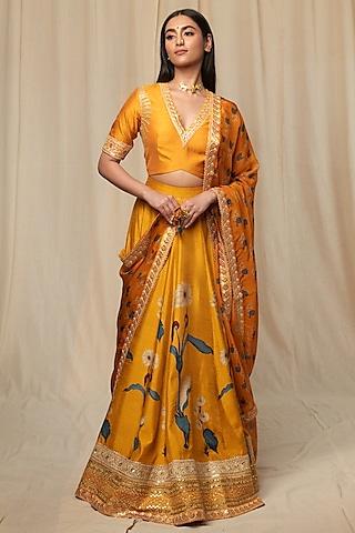 mustard raw silk printed lehenga set