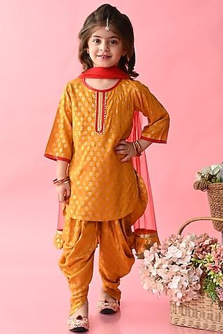 mustard rayon printed & embroidered kurta set for girls
