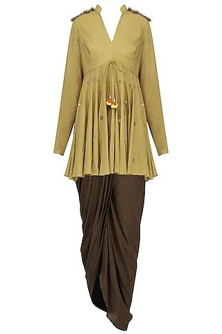 mustard sequins embroidered peplum top with dhoti set