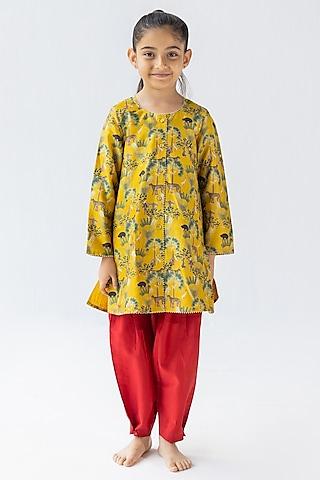 mustard silk chanderi digital printed kurta set for girls