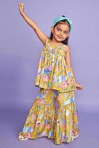 mustard silk muslin floral printed co-ord set for girls