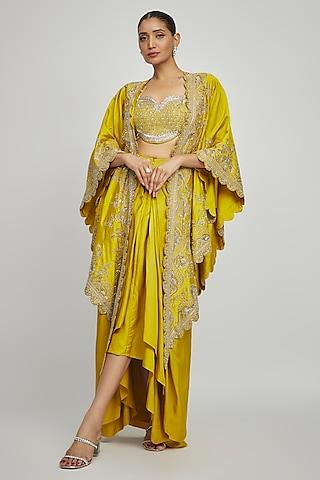 mustard-silk-zari-embroidered-cape-set
