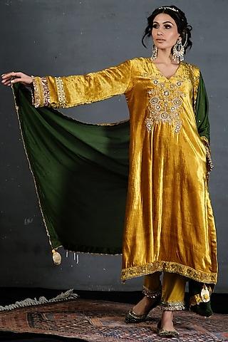 mustard velvet embroidered kurta set for girls