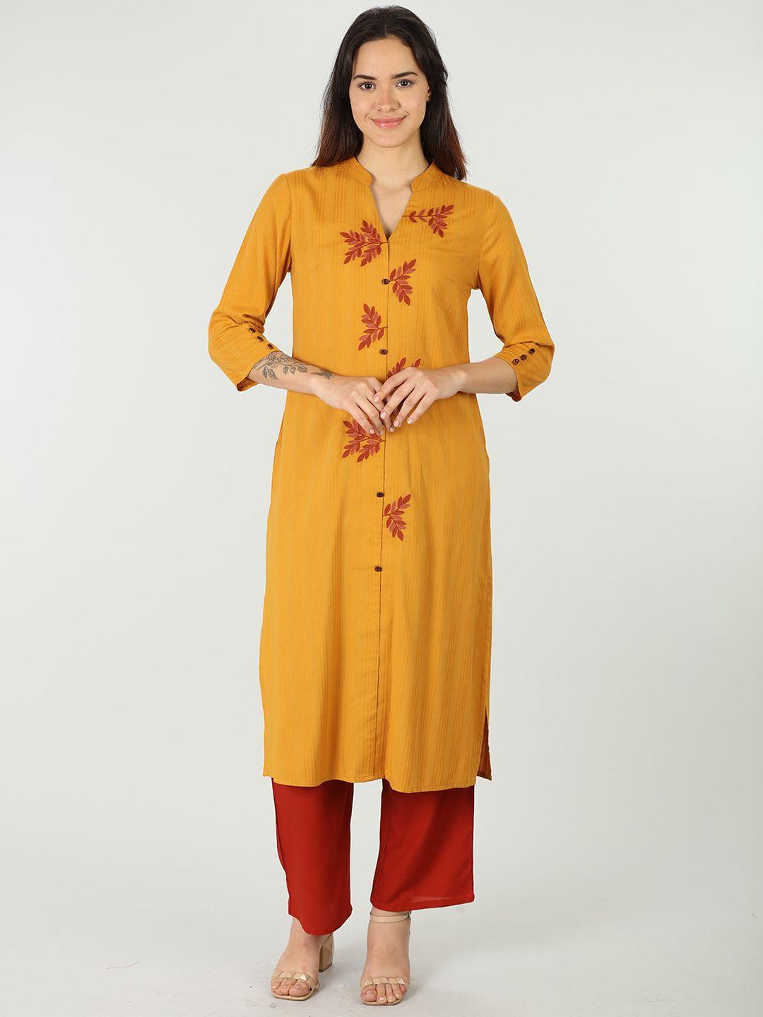 mustard women embroidered straight kurta