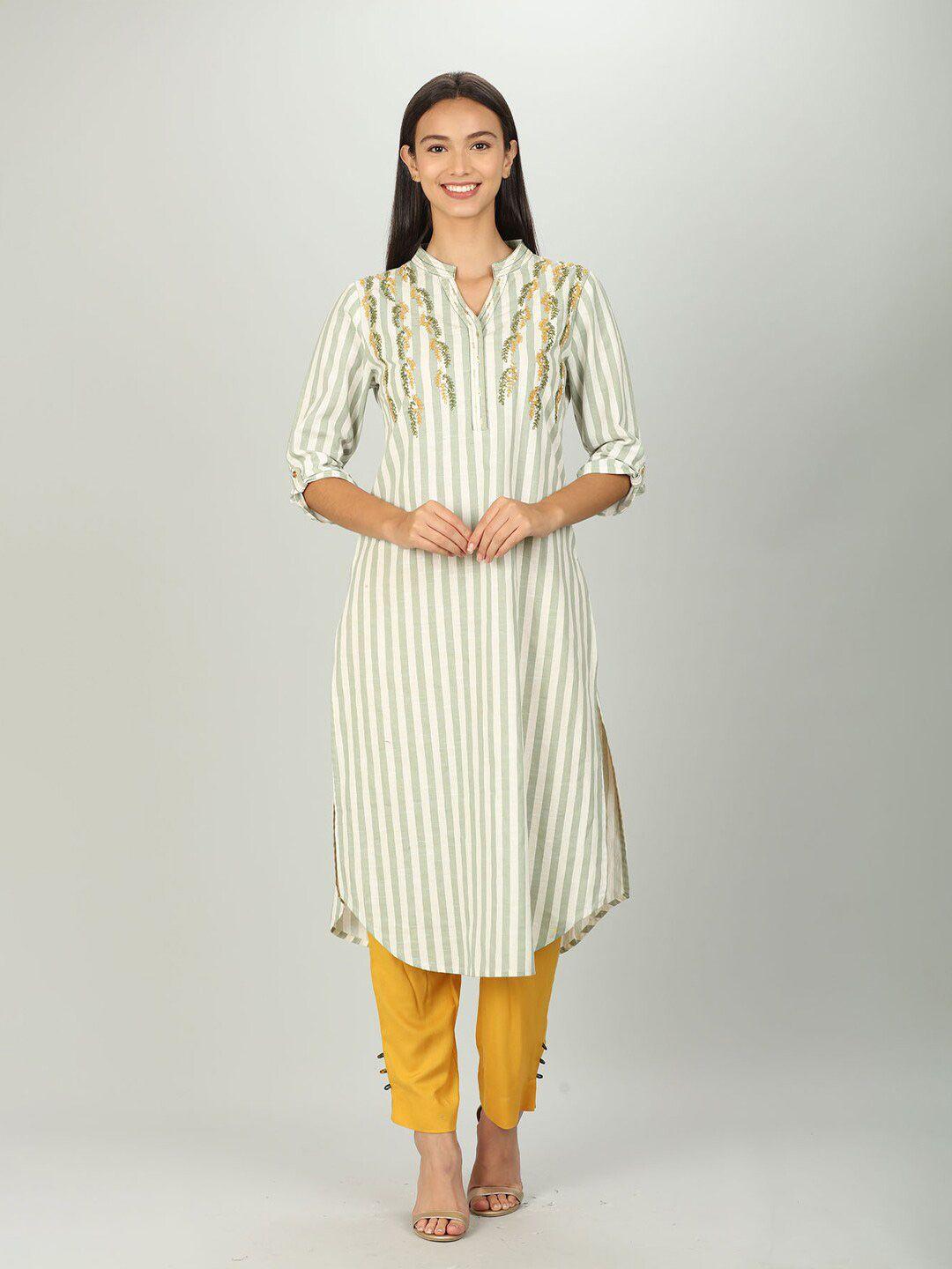 mustard women green & off white striped cotton kurta