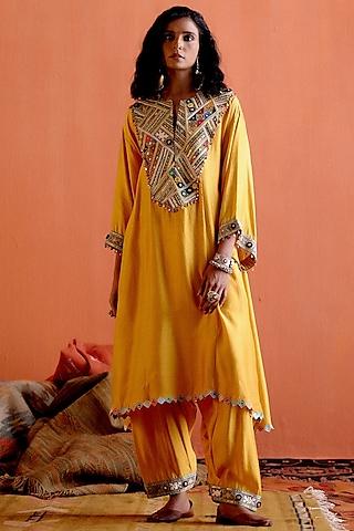 mustard yellow cheniya silk embroidered kurta set