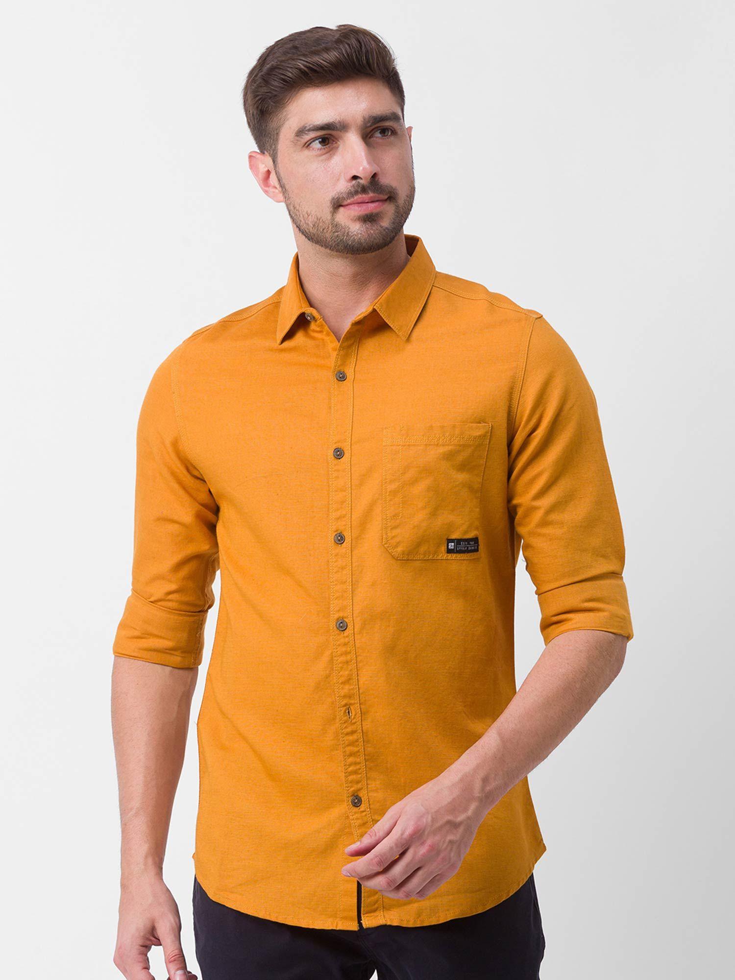 mustard yellow cotton full sleeve plain shirt for men