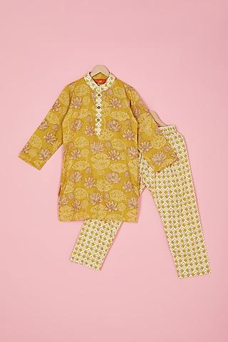 mustard yellow cotton printed kurta set for boys