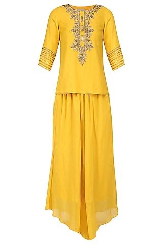 mustard yellow hand embroidered tunic with dhoti pants